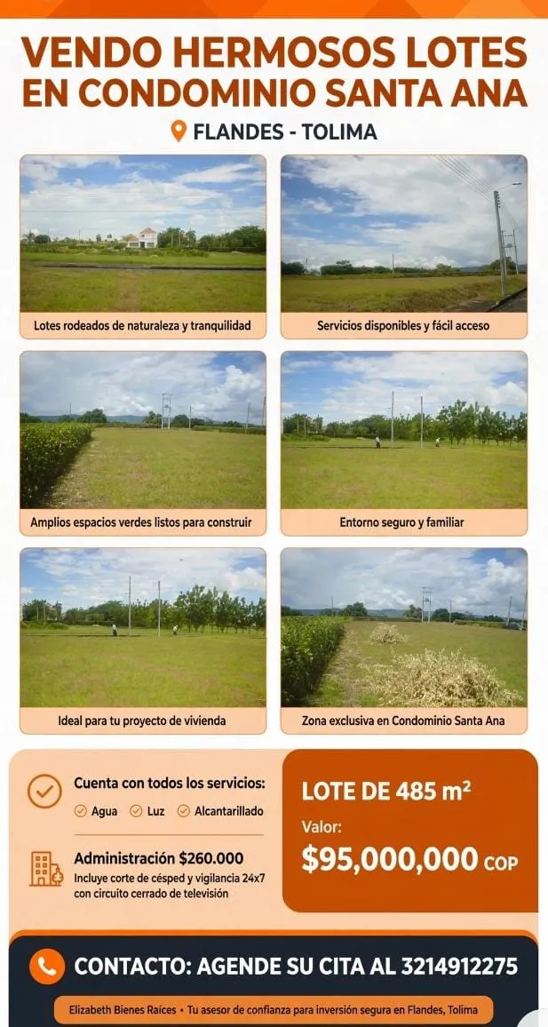 VENDO HERMOSO LOTE CONDOMINIO SANTA ANA FLANDES TOLIMA - 1
