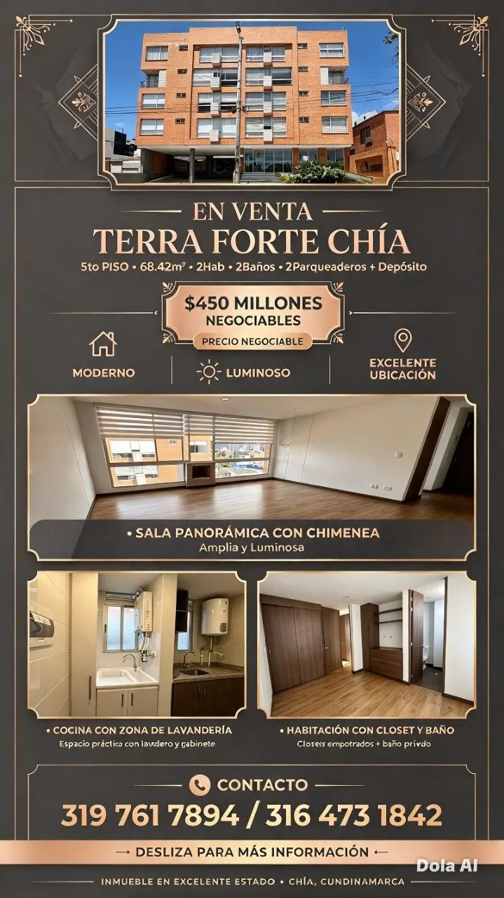 Apartamento en Venta Terra Forte Chía Cundinamarca - 5to Piso - 68.42m² - 2 Parqueaderos P43 P44 + Depósito D56 - Sector Río Frío - $450 Millones Negociables — foto 3